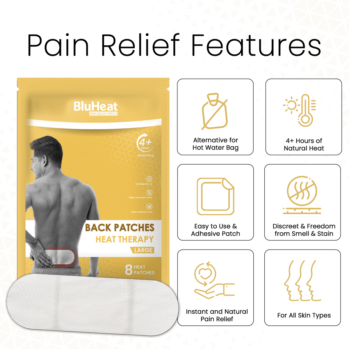 BluHeat Back Pain Relief Patches - (Pack of 8 Large Patches)